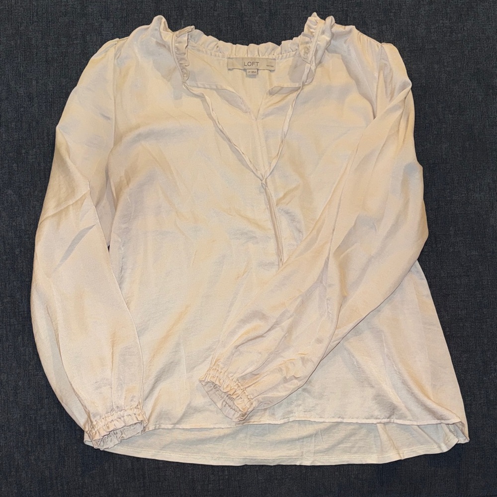 LOFT Light Cream Blouse with Ruffle Neckline